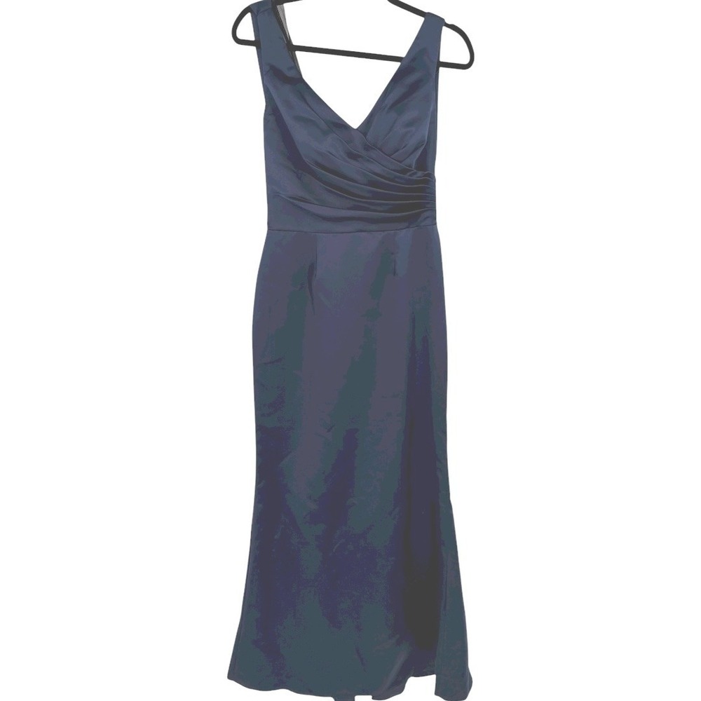 White by Vera Wang Navy Blue Satin V Neck Wrap Front Back Sash Maxi Dress Size 8